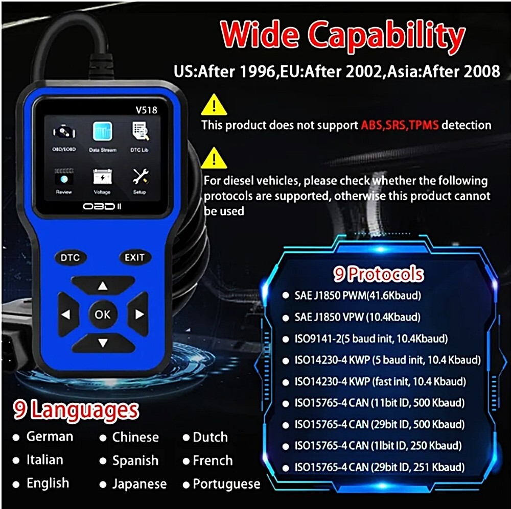 New 2025 OBD2 V518 Scanner Diagnostic Tool Code Reader - Blue