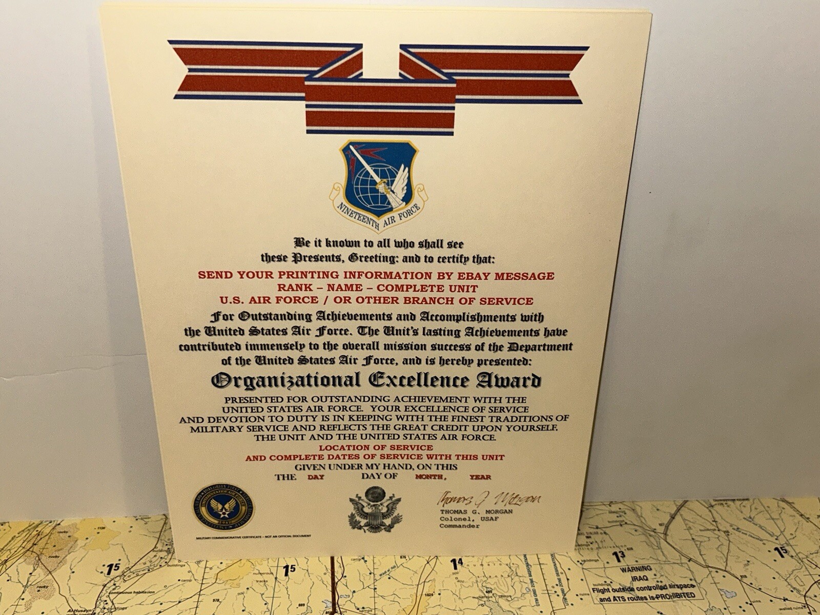 U.S. AIR FORCE / 19TH AIR FORCE - ORGANIZATIONAL EXCELLENCE AWARD CERTIFICATE