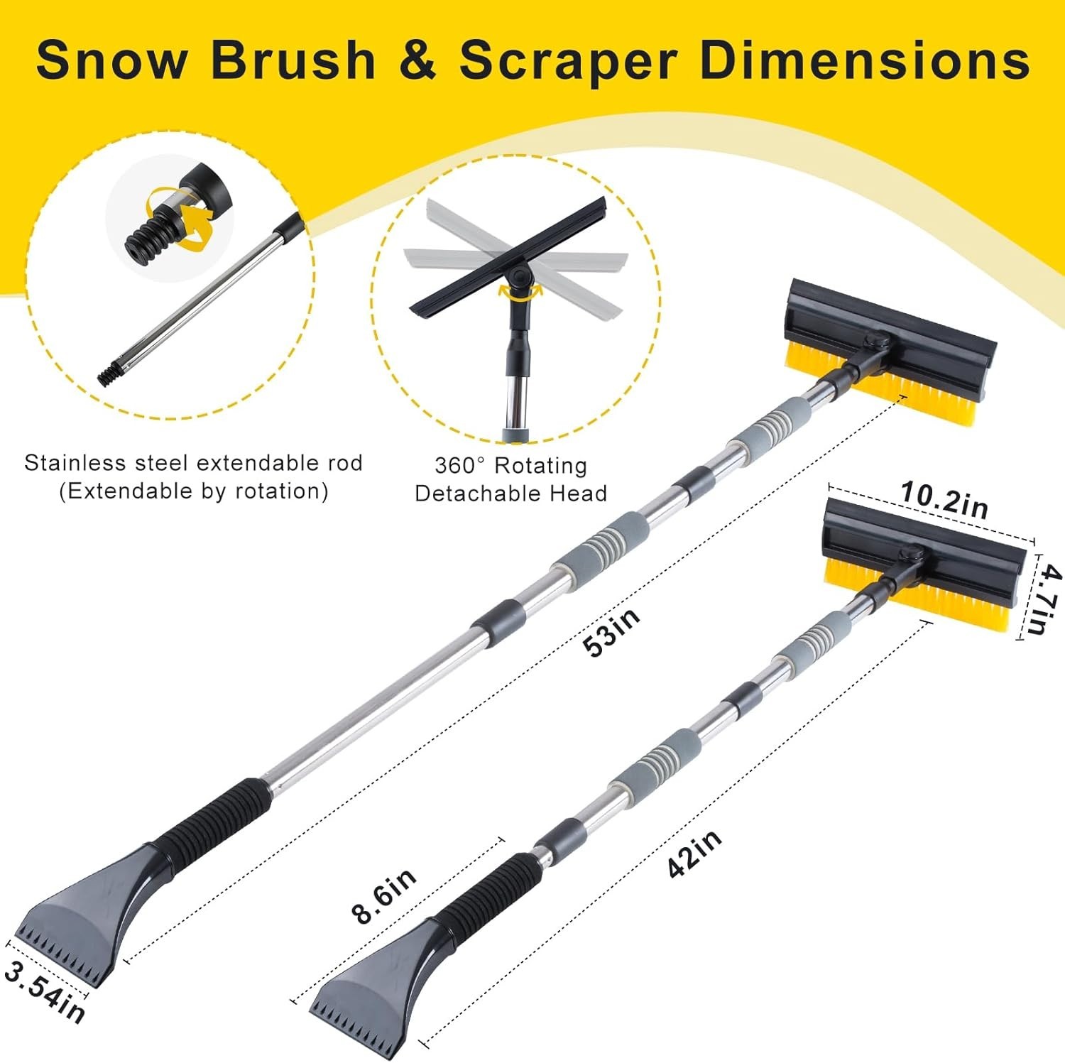 53'' Extendable Retractable Snow Brush & Ice Scraper for Cars/SUVs/Trucks - 360?