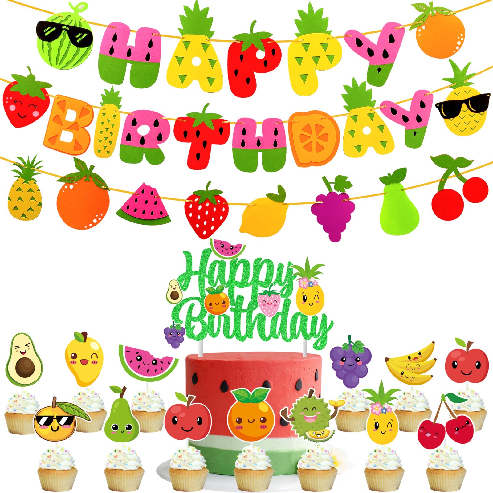 21pcs Fruit Party Decoration Set Fruit Theme Happy Banner Garland Cake Cupcak...
