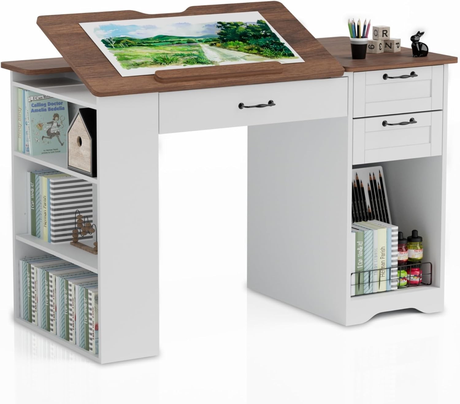 Drafting Table with Storage Cabinet & Drawers, Adjustable Drawing Table with