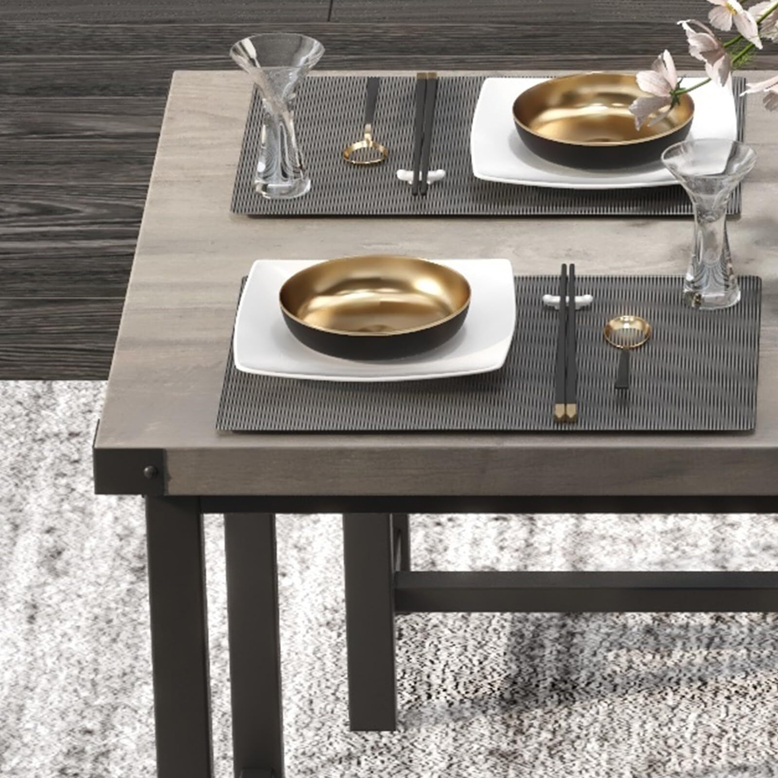 📶Kitchen Table Set with 2 Benches Rectangular Dining Table for 4 Upholstered