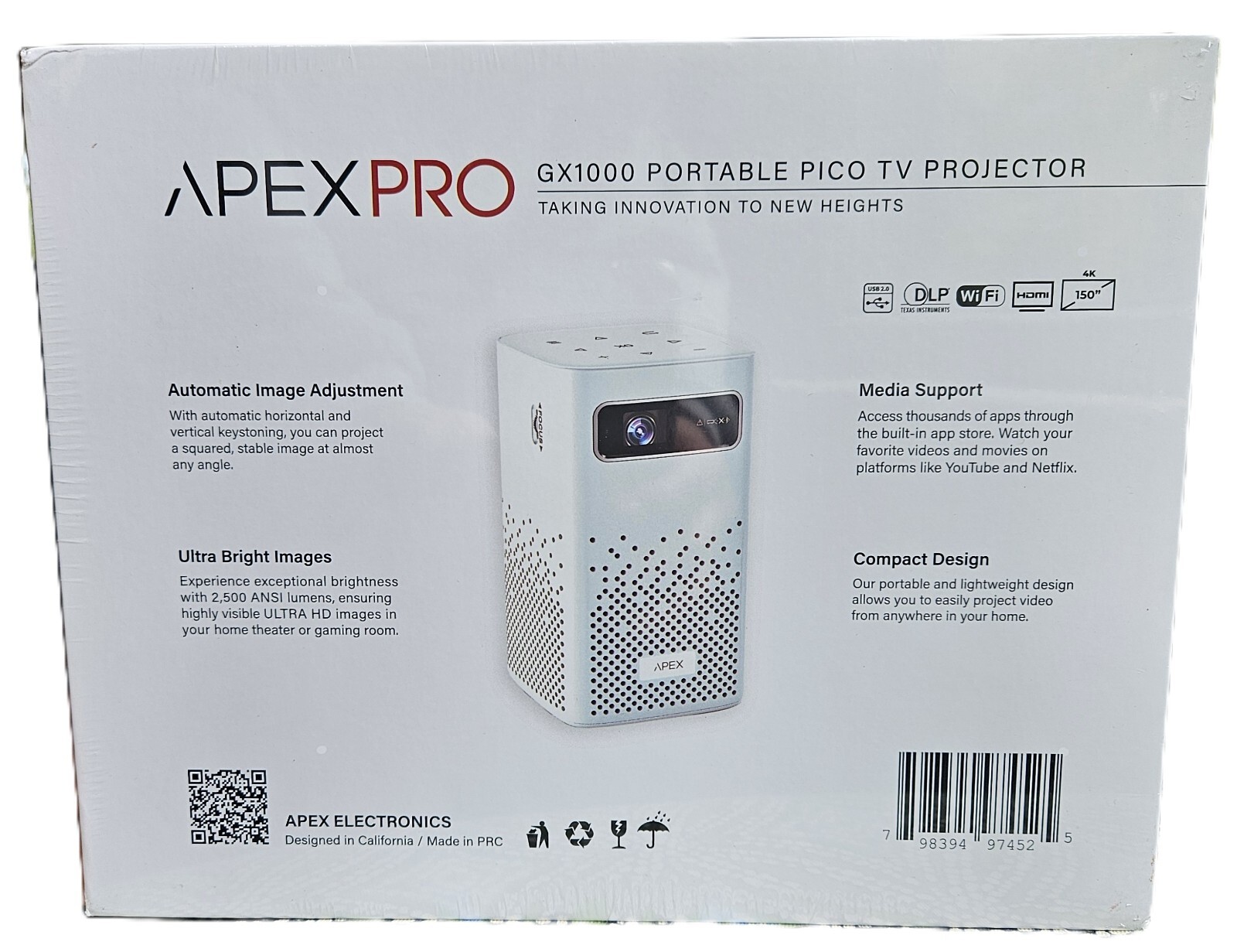 APEX PRO GX1000 Portable Pico TV Image Projector 4k Ultra HD Streaming WiFi-NEW