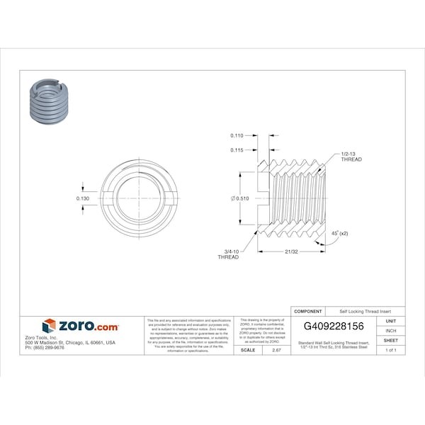 Standard Wall Self Locking Thread Insert, 1/2"-13 Int Thrd Sz, 316 Stainless