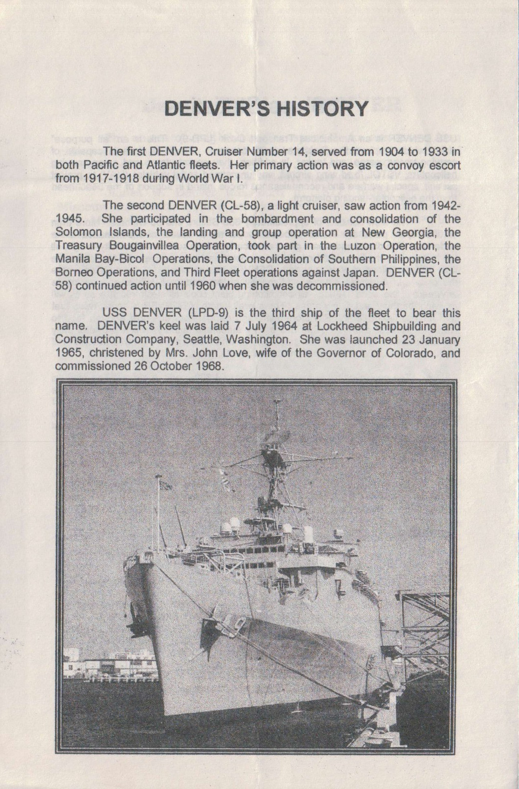 USS Denver LPD 9 Welcome Aboard pamphlet