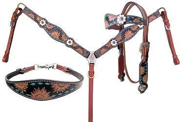 Showman Sunflower Tooled Leather Browband Headstall & Breast Collar Set w/ Reins