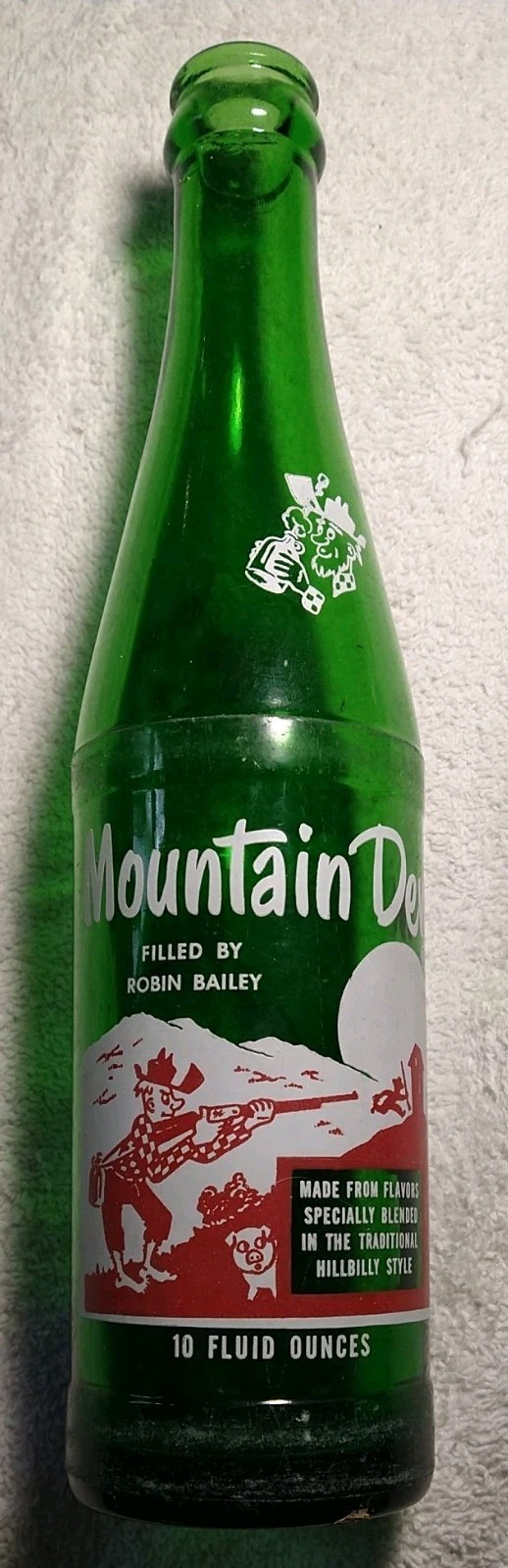 Vintage* Mountain Dew -ACL- "Filled by Robin Bailey " Bottle. Empty 10oz.