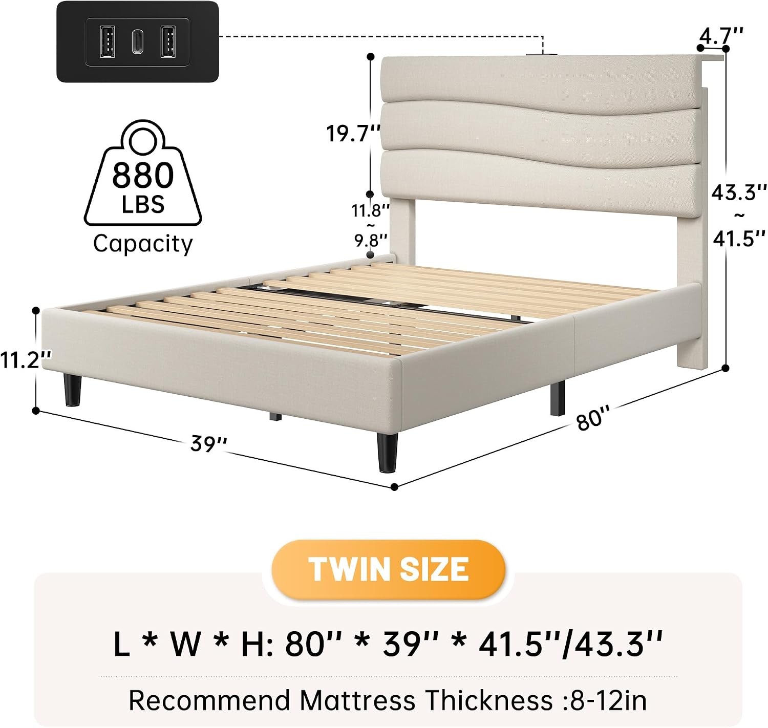 Twin Size Bed Frame W/ Adjustable Height Headboard Noise-Free Upholstered