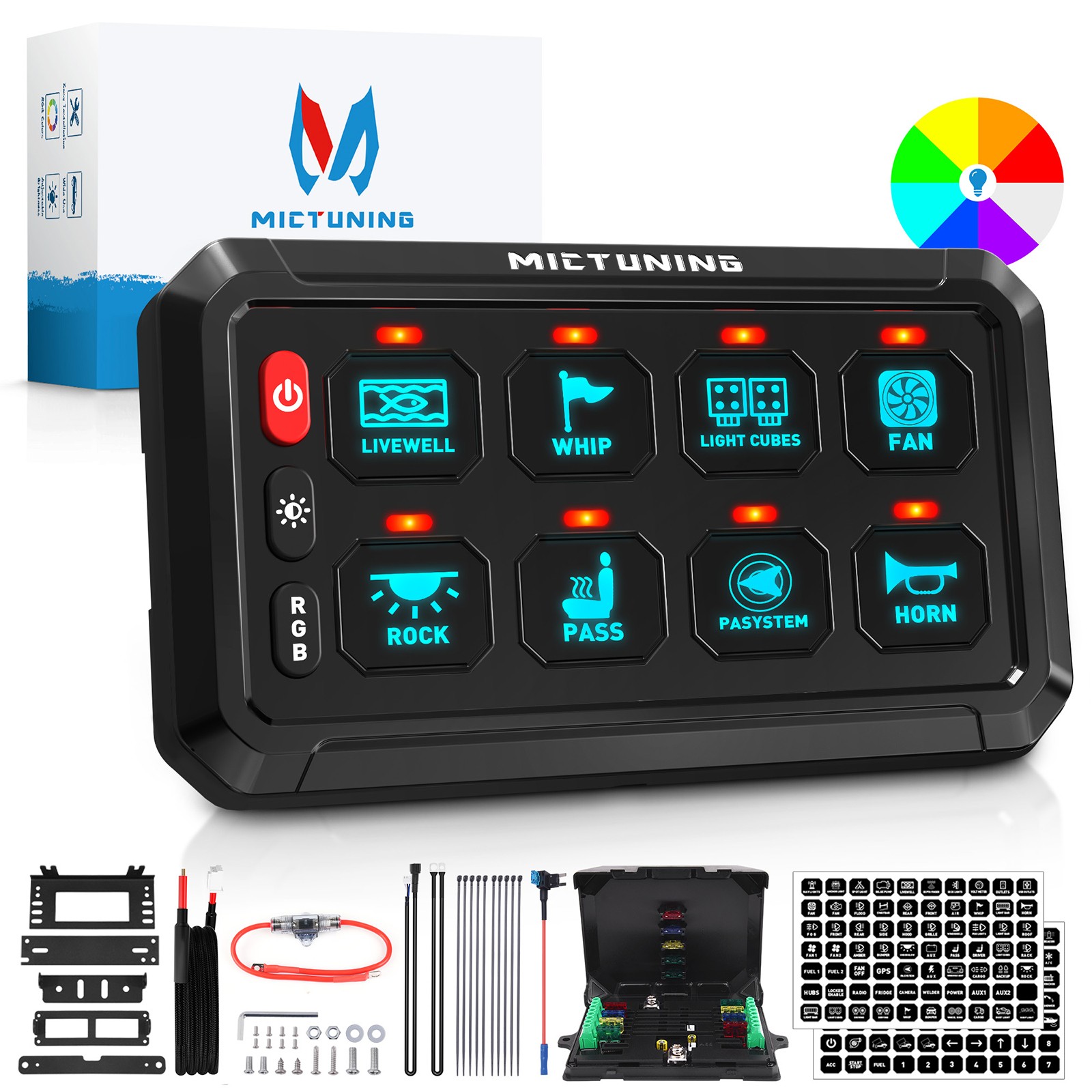 RGB 8 Gang Switch Panel LED Circuit Control Relay System Box 12V for Vehicle