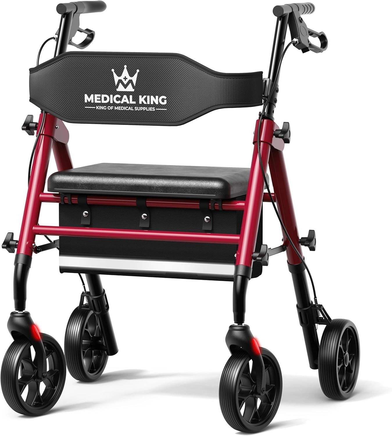 Red Foldable Rollator Walker Seat 8" Wheels Lightweight 350lb Pouch