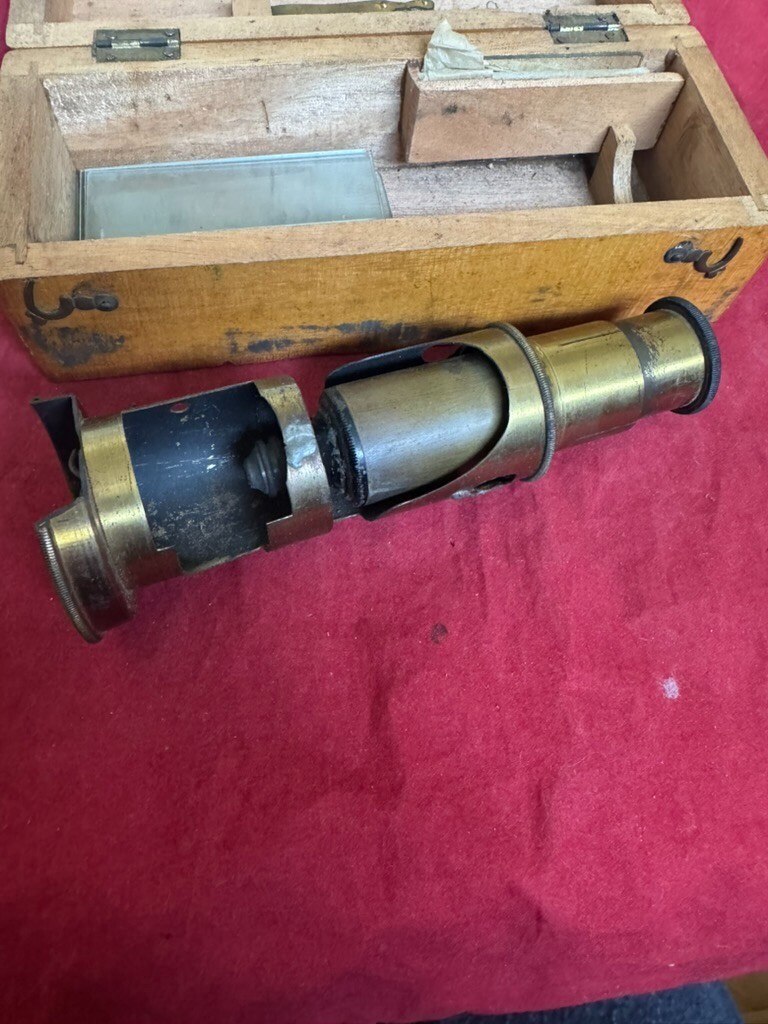 Antique Miniature Field Pocket Compound Brass Microscope With Original Box
