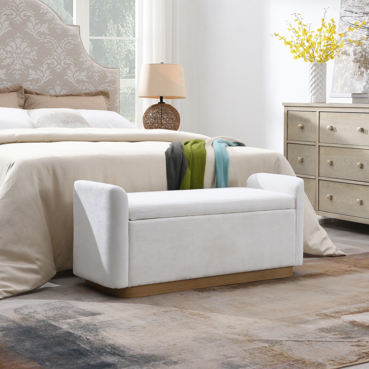 Bench for End of Bed Storage Ottoman Chenille Upholstered w/ Gold Metal Base