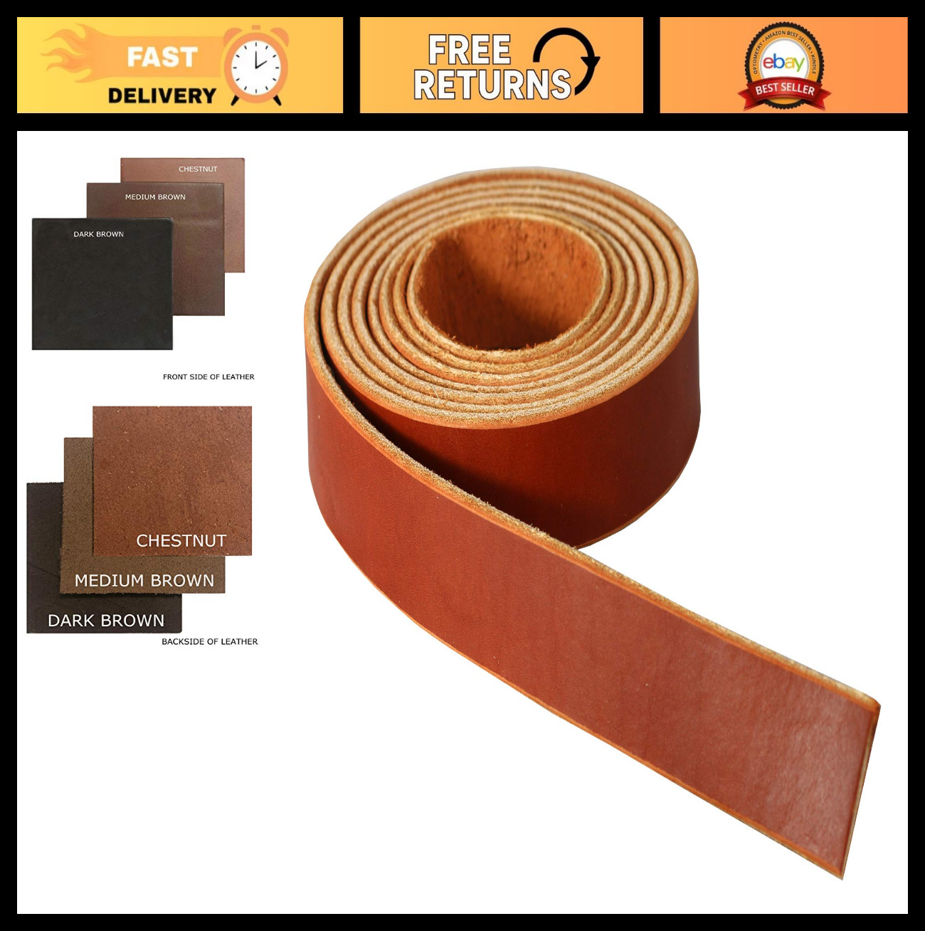 Premium English Bridle Leather Strap Blank 1.5" x 84" 10-12oz Chestnut, 100% Lea