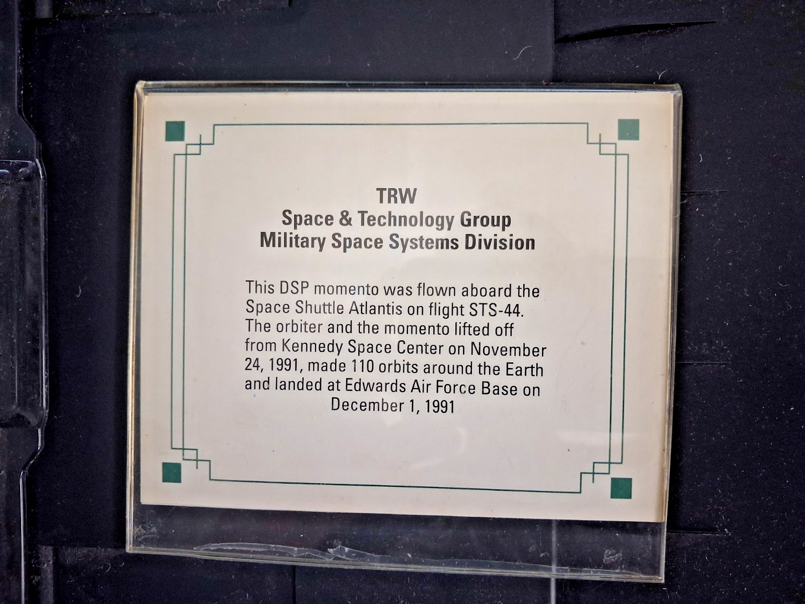 Vintage TRW Space Shuttle Atlantis Flight STS-44 Memorabilia Card FROM ORBIT