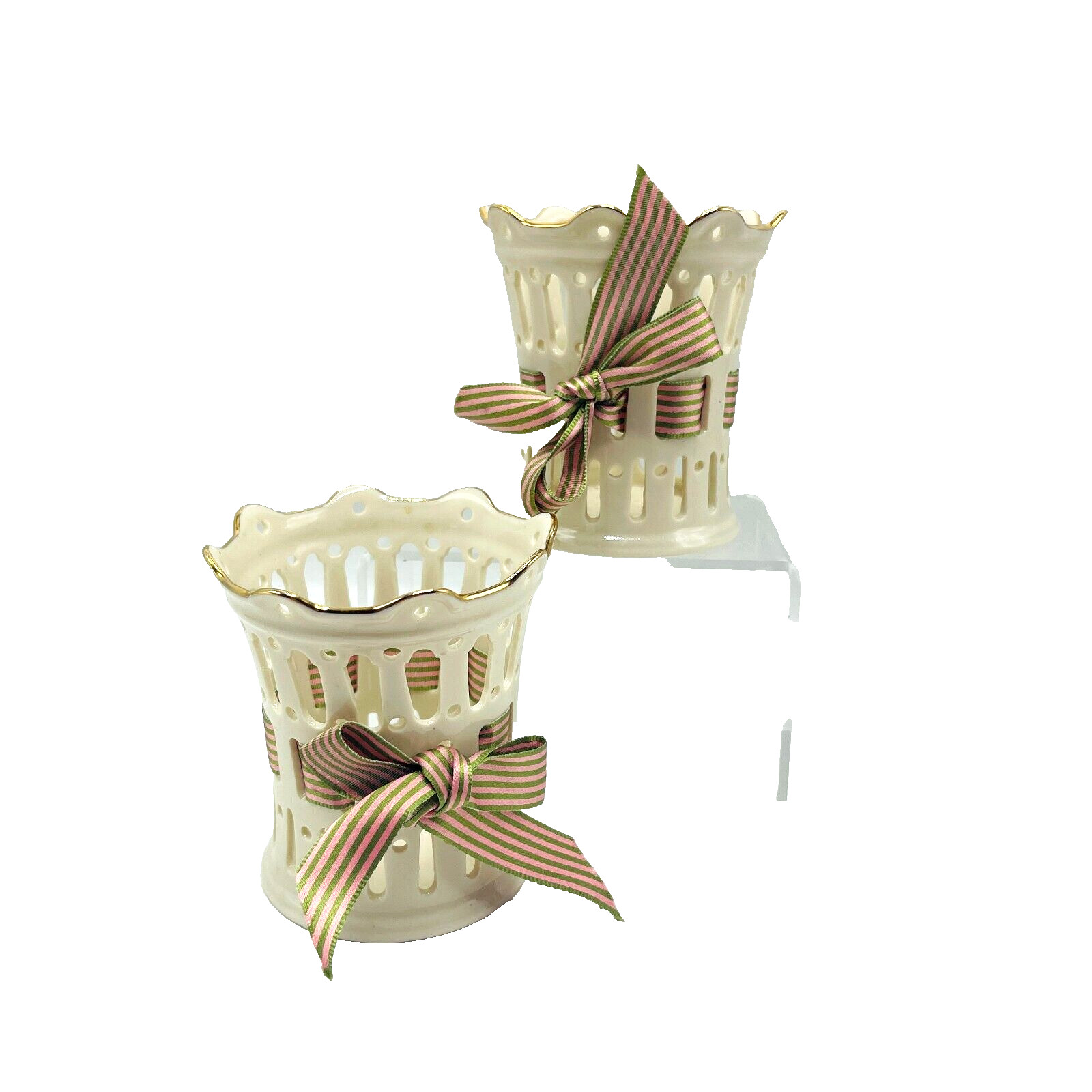 2 Lenox Votives 4" x 3.5" Scalloped Pierced With Ribbon Gold Trim Candle Holders