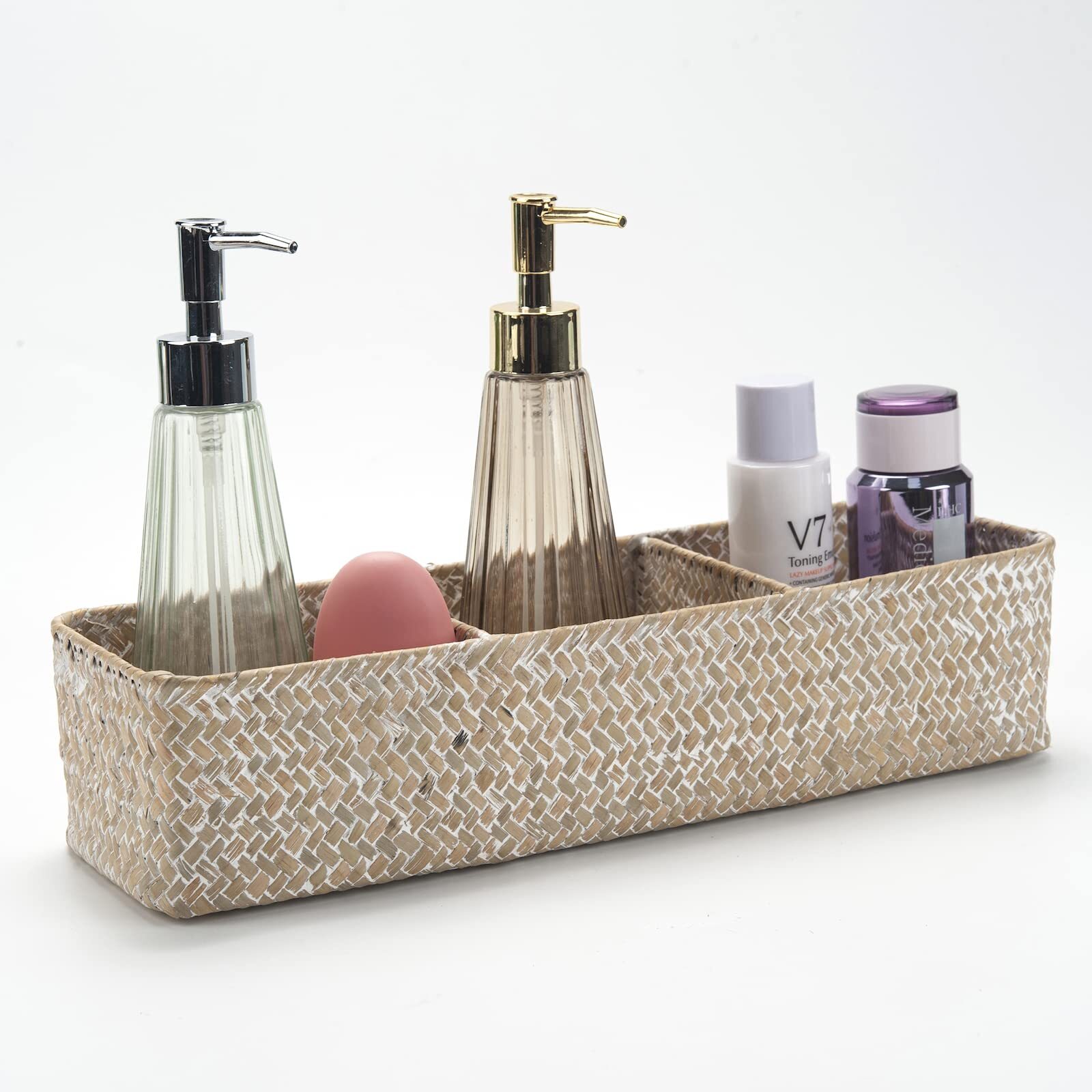 Seagrass Storage Basket 3 Sections Woven Shelf Baskets With Compartment whitewa