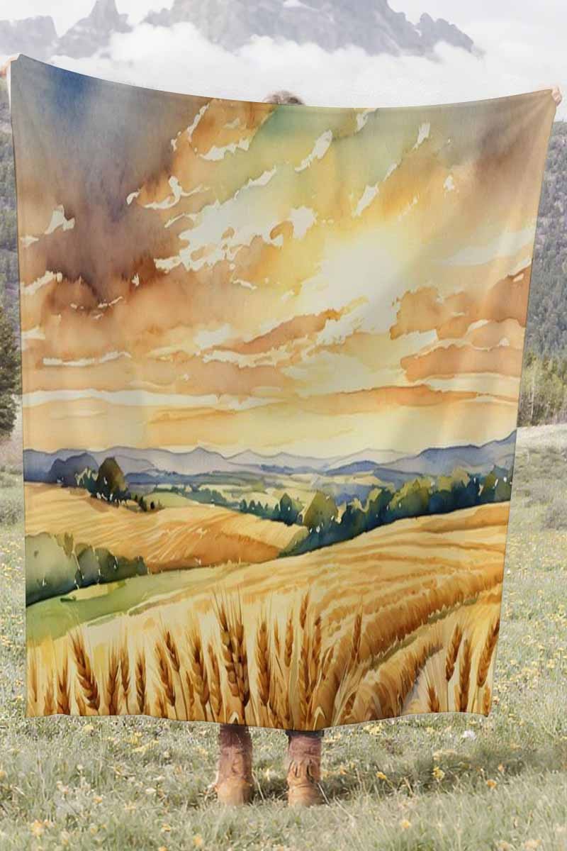 Watercolor Wheat Field Sunset Coral Fleece Cozy Throw Blanket Farmhouse Stunning