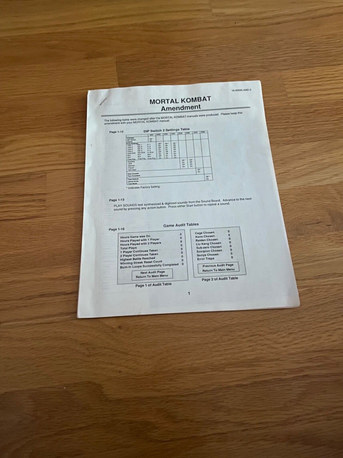 Mortal Kombat arcade game Operations manual, Midway 1992