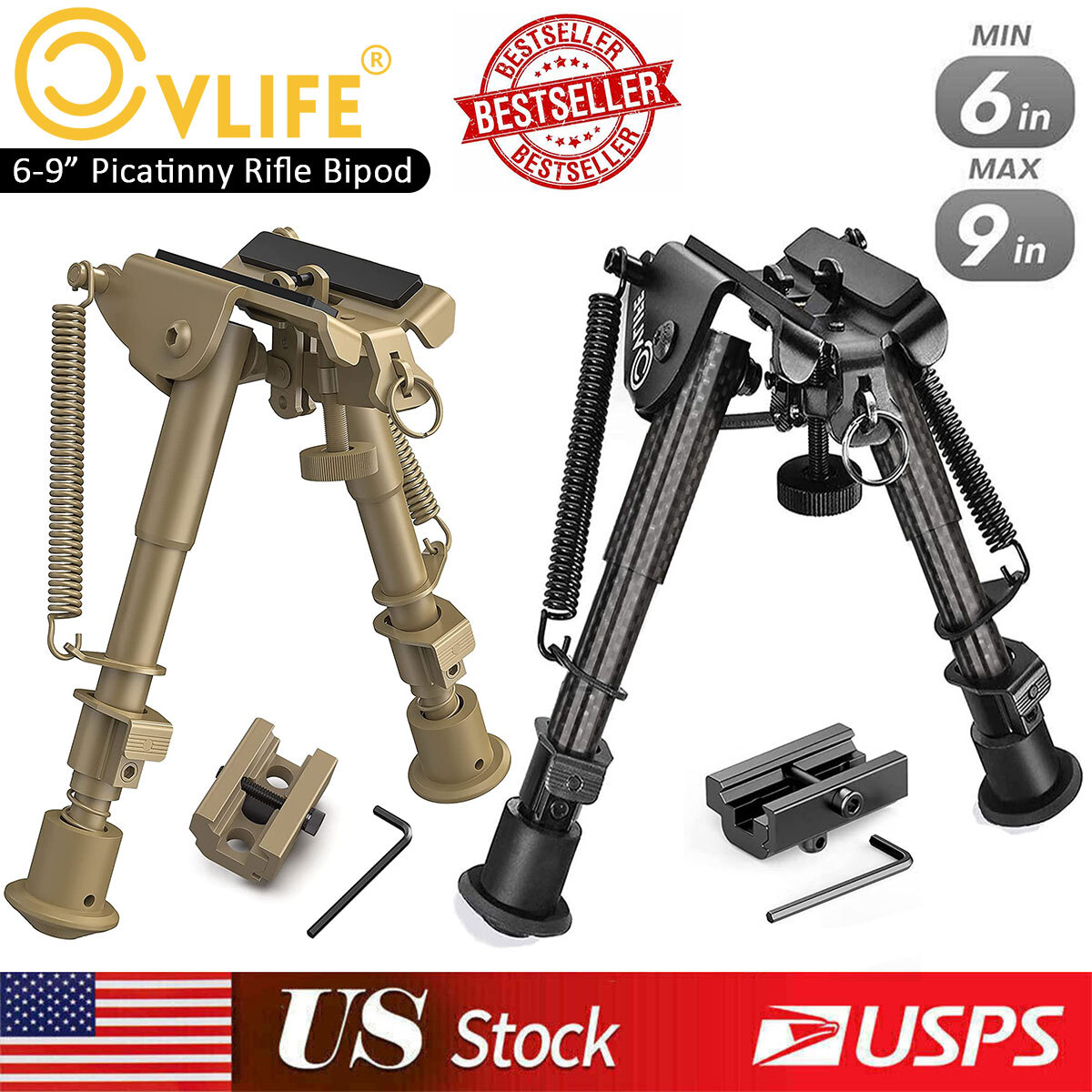 6-9" Rifle Bipod Spring Return Swivel Stud+Picatinny Rail Mount Adapter 2 Colors