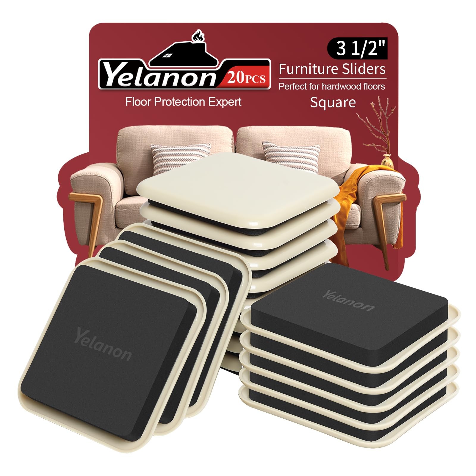 Furniture Sliders 20 pcs-3 1/2” Square Beige Furniture Sliders for Carpet Fur...