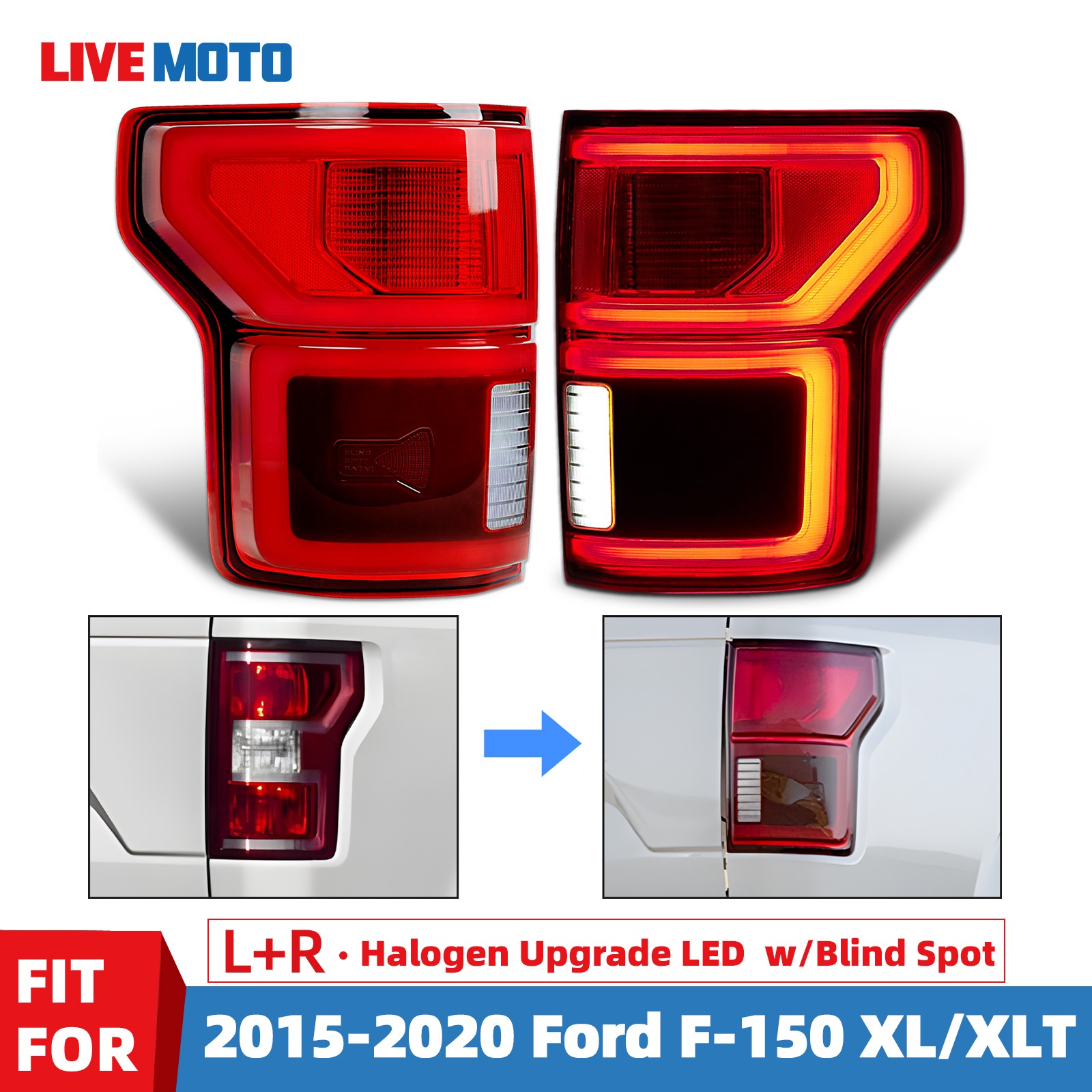 LIVEMOTO For 2015-2020 Ford F-150 Tail Light Halogen Upgrade LED Left+Right Pair