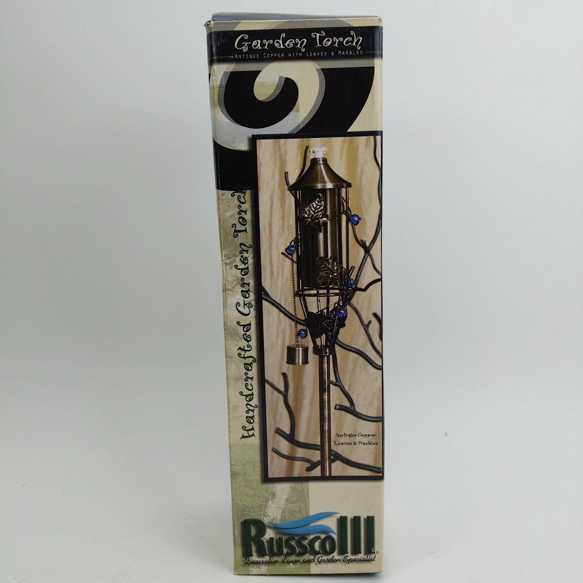 Vintage Russco III Garden Torch with Antique Copper Finish with Leaves & Marbles