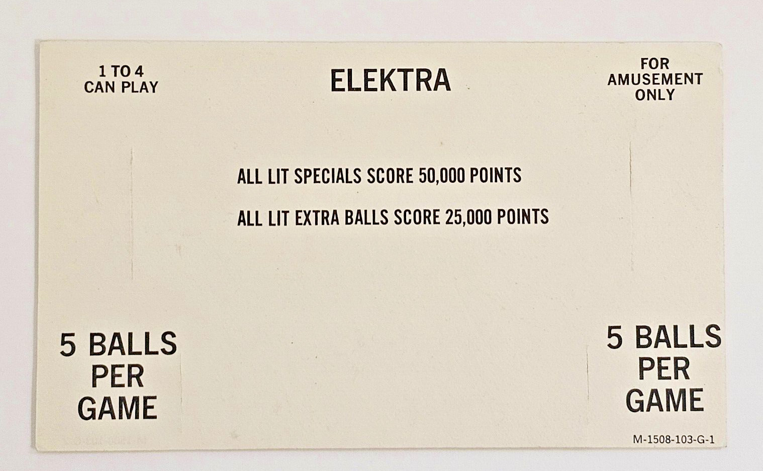 ORIGINAL 1981 BALLY ELEKTRA PINBALL MACHINE APRON INSTRUCTION CARDS