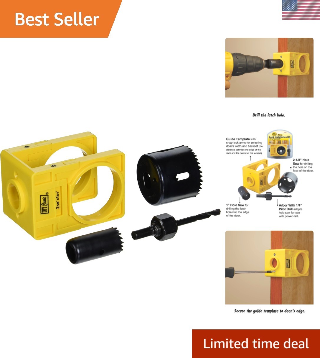Carbon-Steel Lock Installation Kit with Guide Template for Wood Doors, Carded