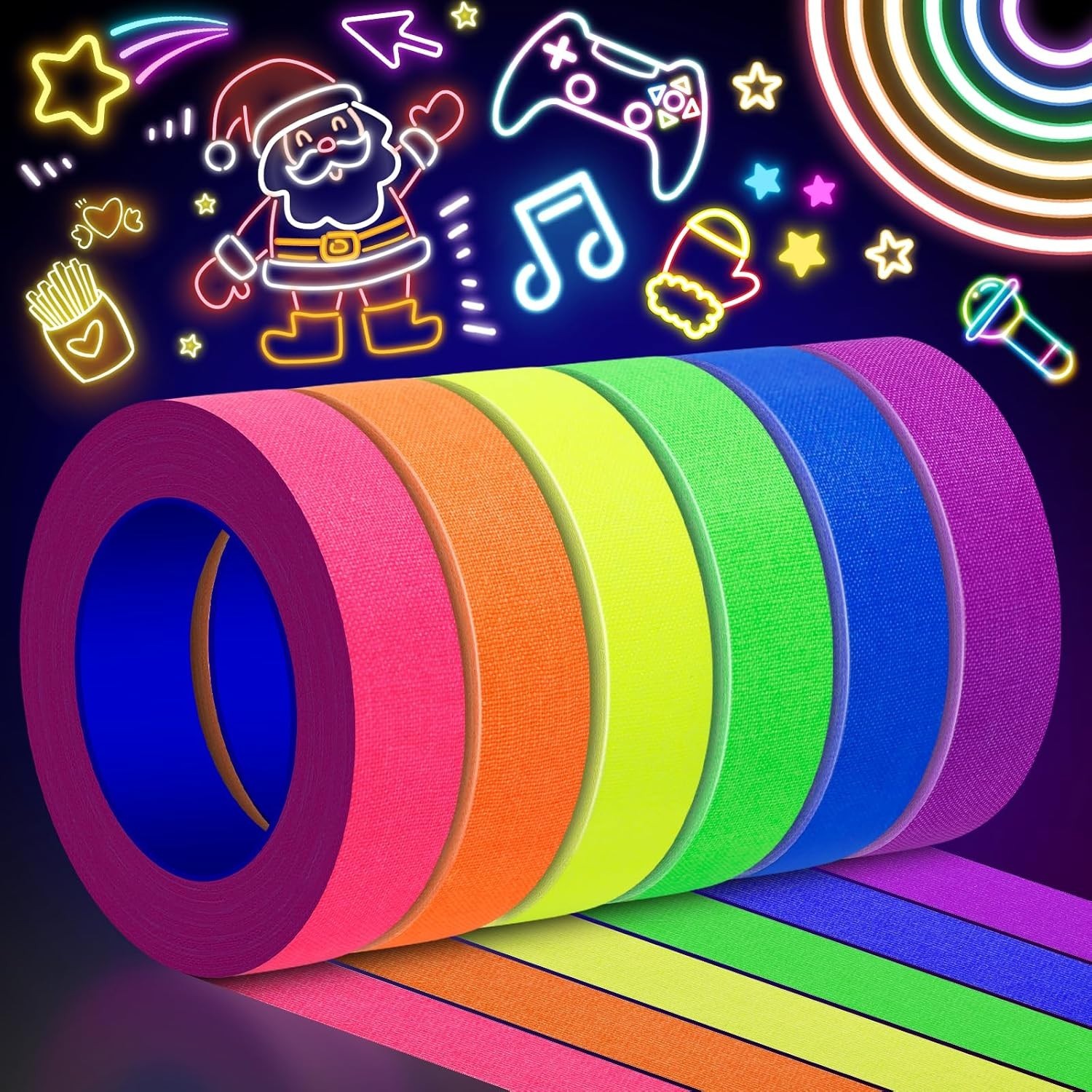 6 Colors Neon Gaffers Cloth Tape - 0.6 inch x 16.5 feet, Fluorescent Colors B...