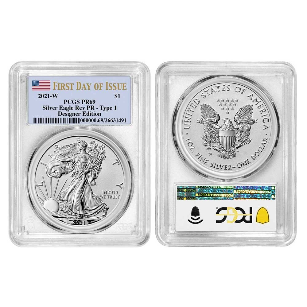 2021 Reverse Proof $1 American Silver Eagle Designer 2pc Set PCGS PR69 FDOI