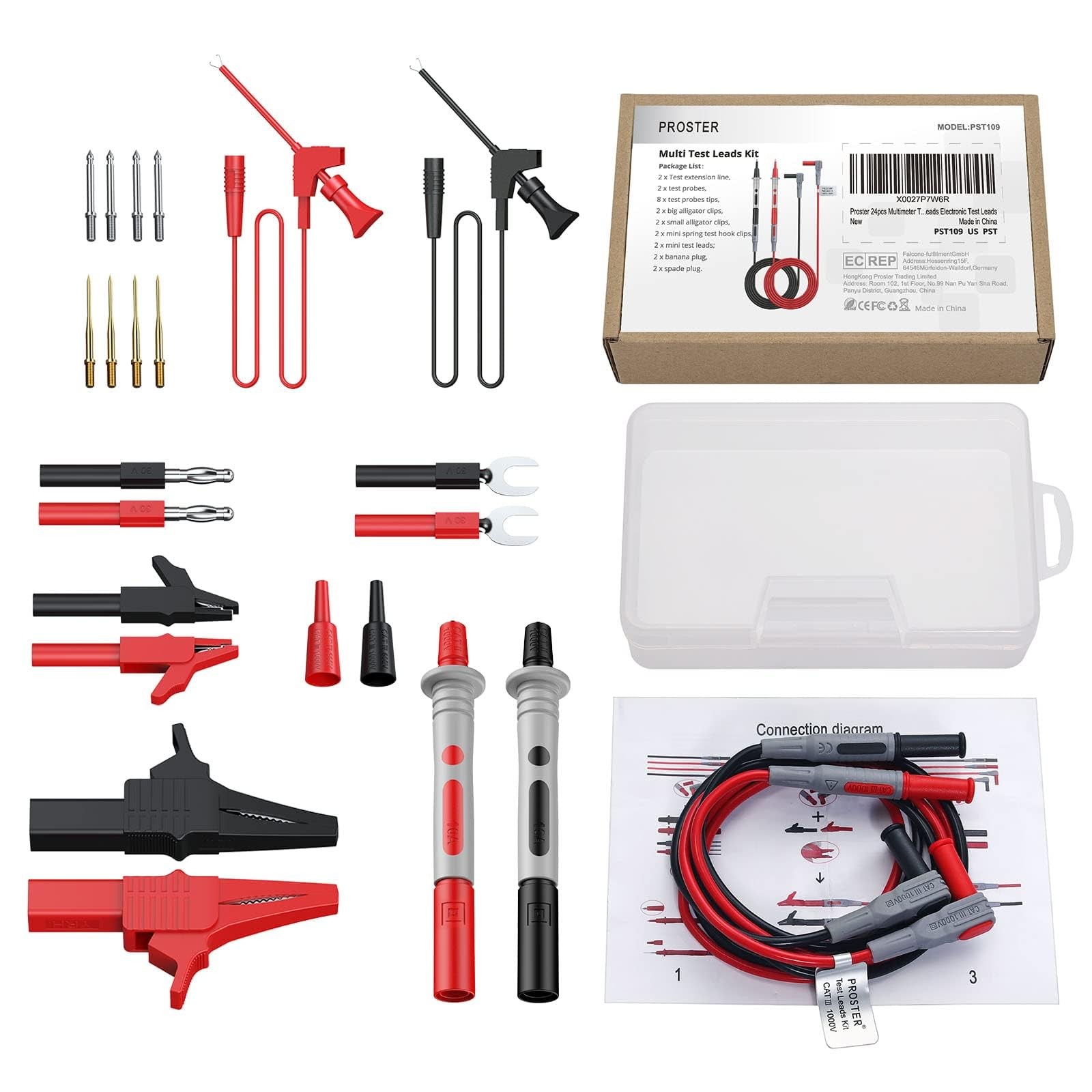 Proster 24pc Multimeter Test Lead Kit - Probes Alligator Clips 1000V | Replac...