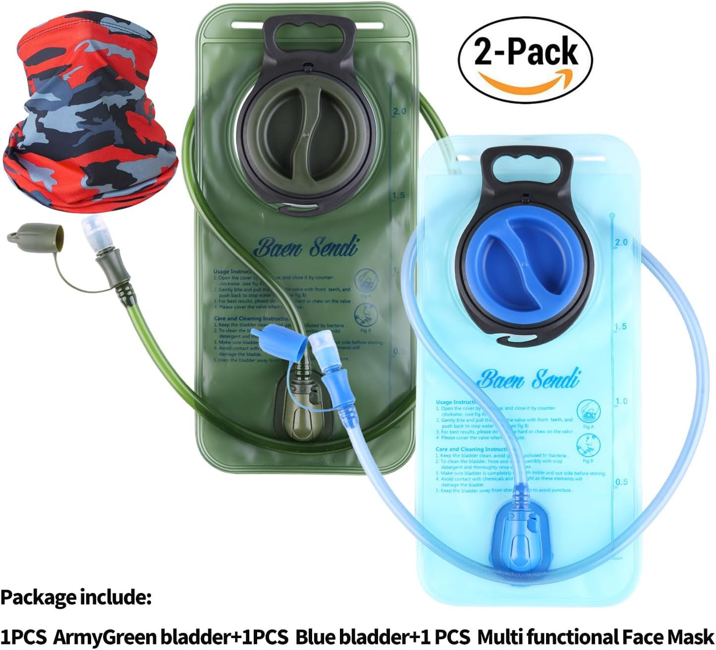 2L Hydration Bladder 2Pk Water Hydration Pack Replacement (Blue+Army Green)