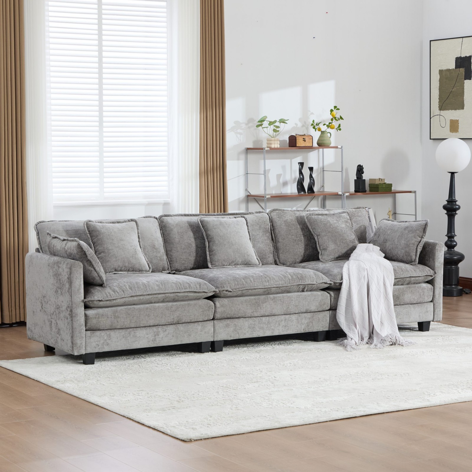 3-Seat Sectional Sofa Cloud Couch, Gray Chenille Fabric Medium-Soft