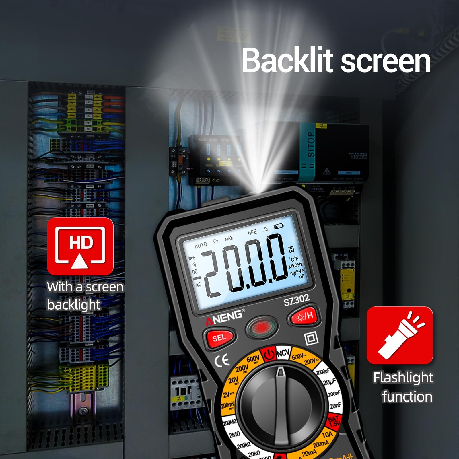 ANENG Multimeter with Backlit LCD,Ohm SZ302 Black(Backlit Screen NCV)