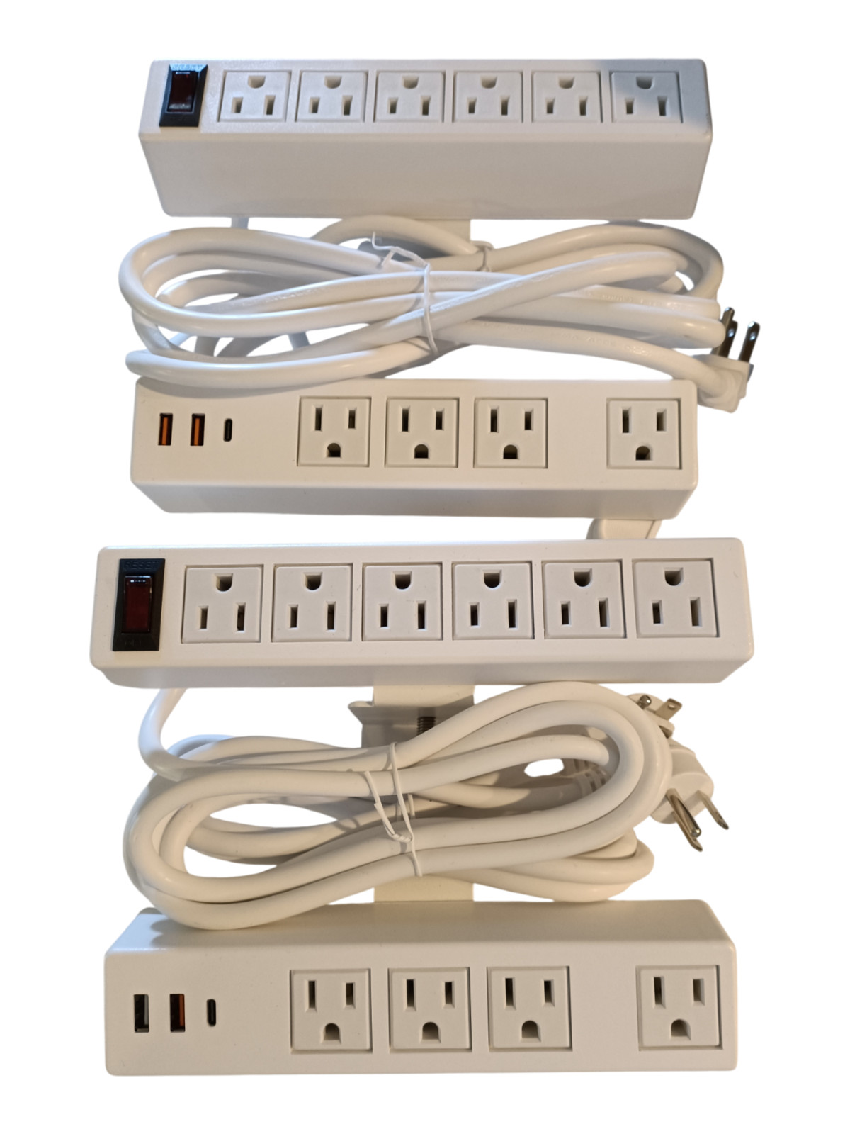 LOT of 2 White 2 in 1 Desktop Edge Clamp Power Strip 2x USB 3 1X  USB C 6.5' NEW