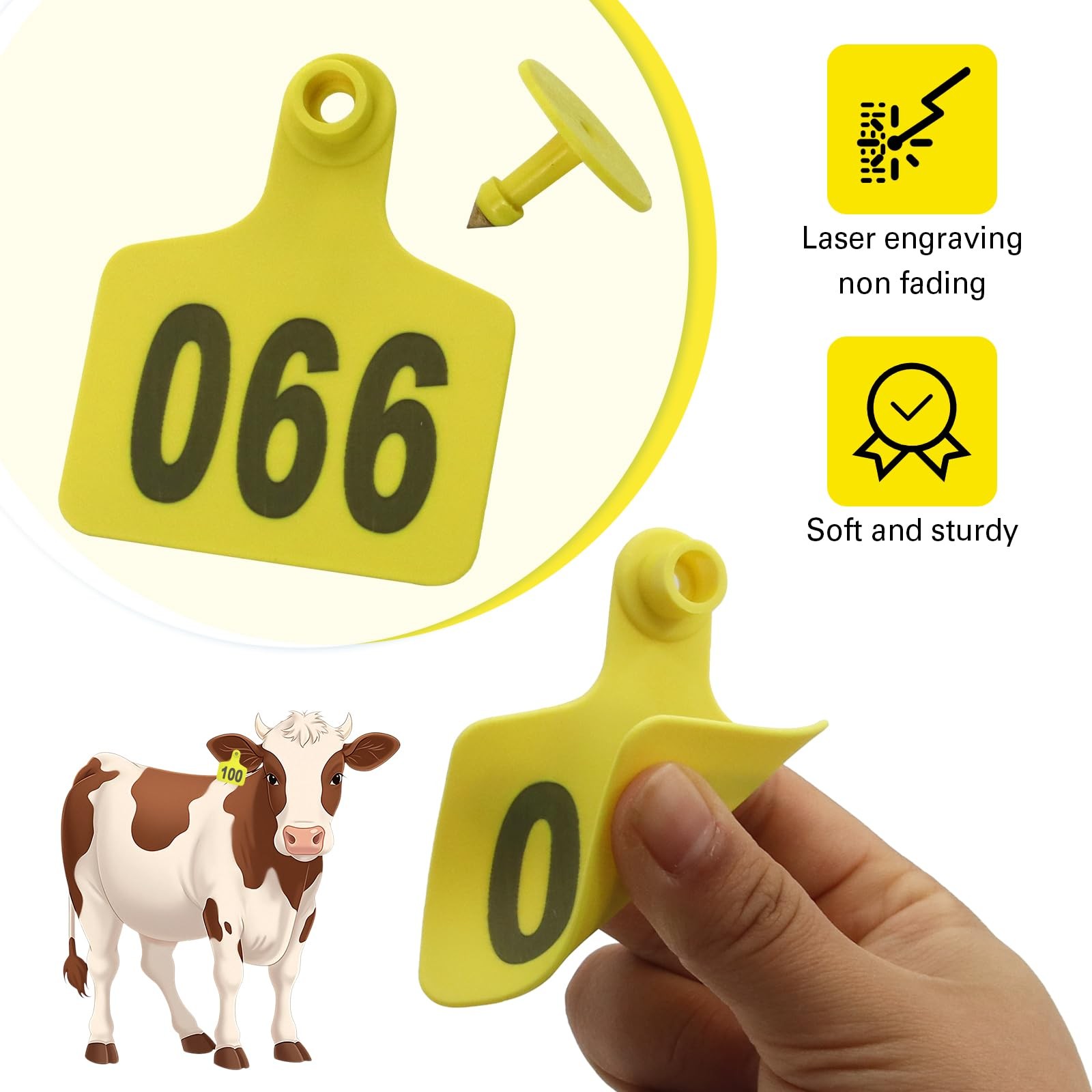 100 Yellow Numbered Cattle Ear Tags 001-100 with Applicator Kit for Cows