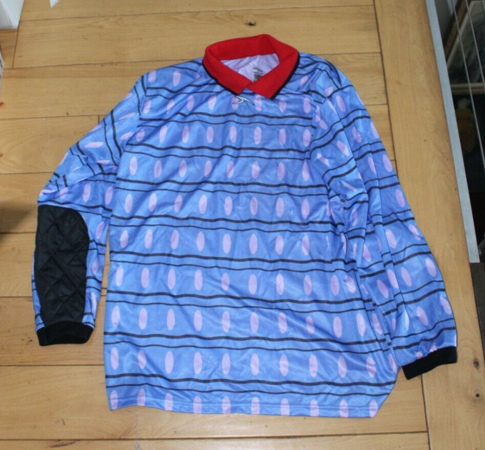 ADULT LARGE SCORE SOCCER GOALIE JERSEY BLUE POP-ART + RED SOFT COLLAR