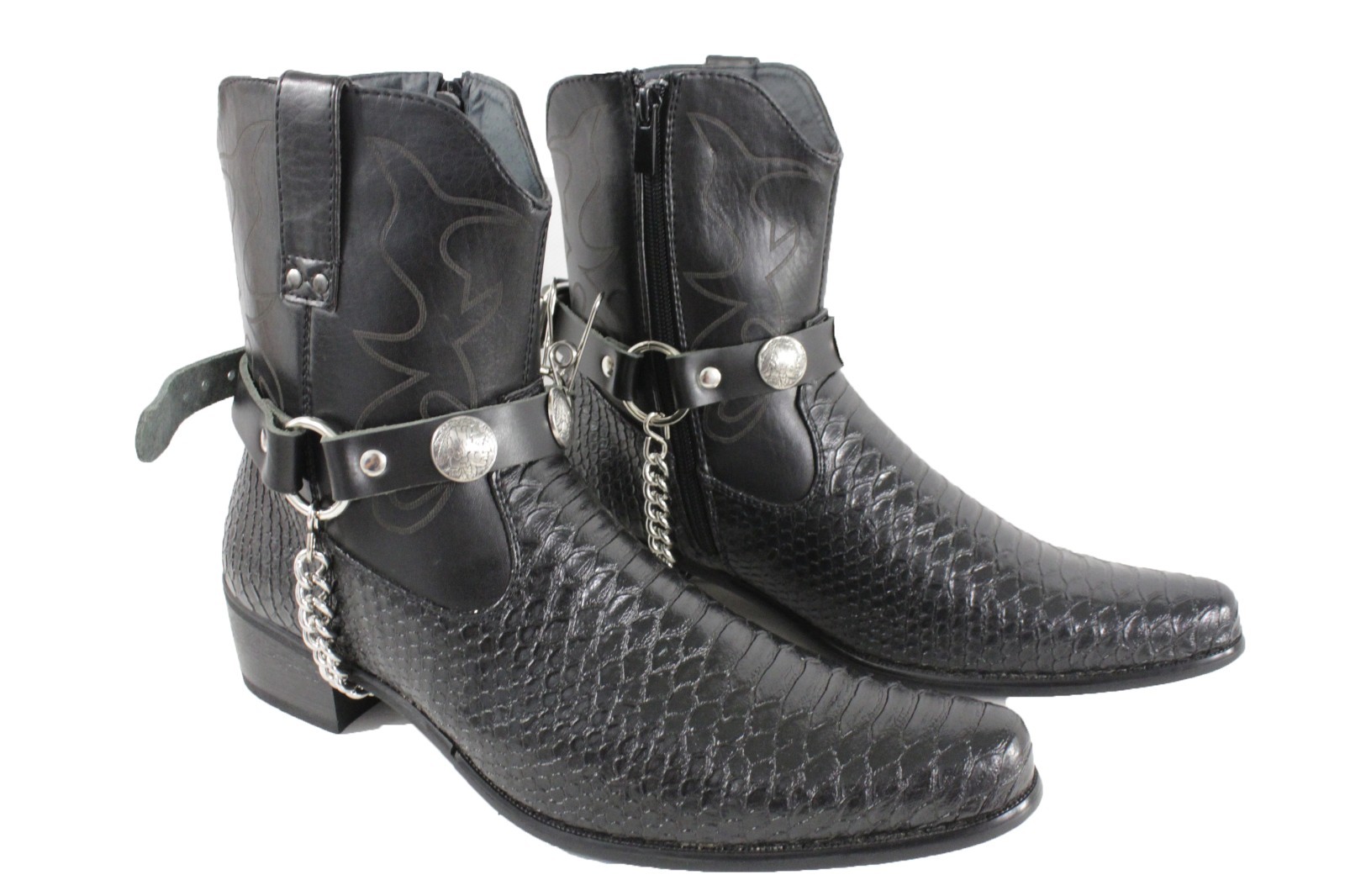 Men Native American Charm Boot Silver Chain 2 Black Straps Shoe Adjustable Fit