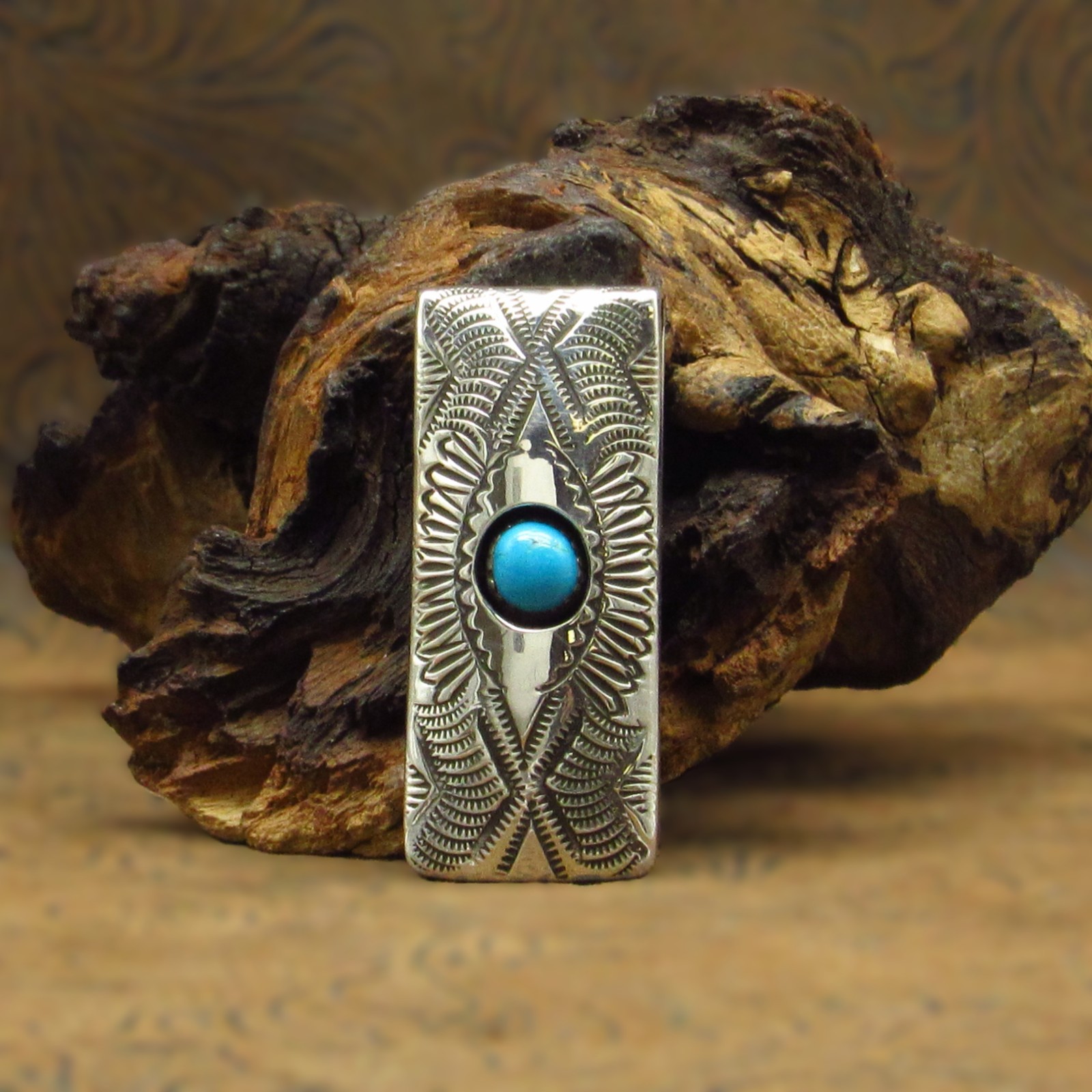 *Sterling Silver Shadowbox Money Clip With Turquoise Stone