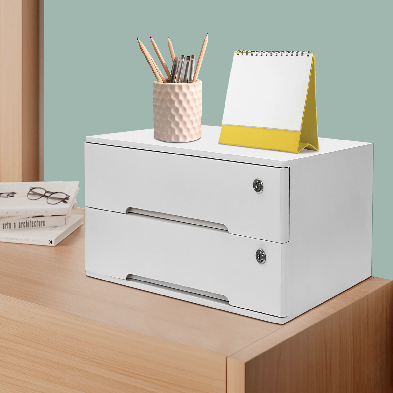 Compact Lockable 2-Drawer Wooden Desktop Storage Cabinet with Keys