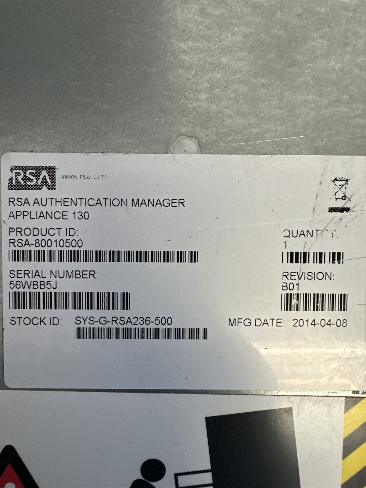 RSA-80010500 SecurID 130 Authentication Appliance Server - OS 8.2.1.0.0 Booted