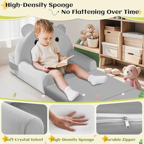 Kids Sofa Bed with Removable Washable Cover & Magic-Tape Backrest – Bear-grey
