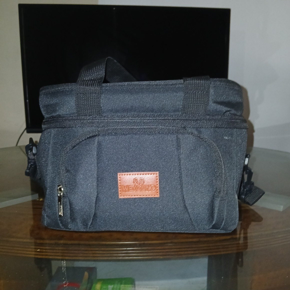 Insulated Cooler Bag Black Polyester Zipper Strap Pocket