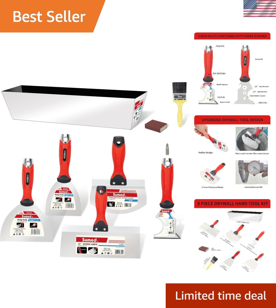 Versatile 8-Piece Stainless Steel Tool Set for Drywall Finishing and Repairs