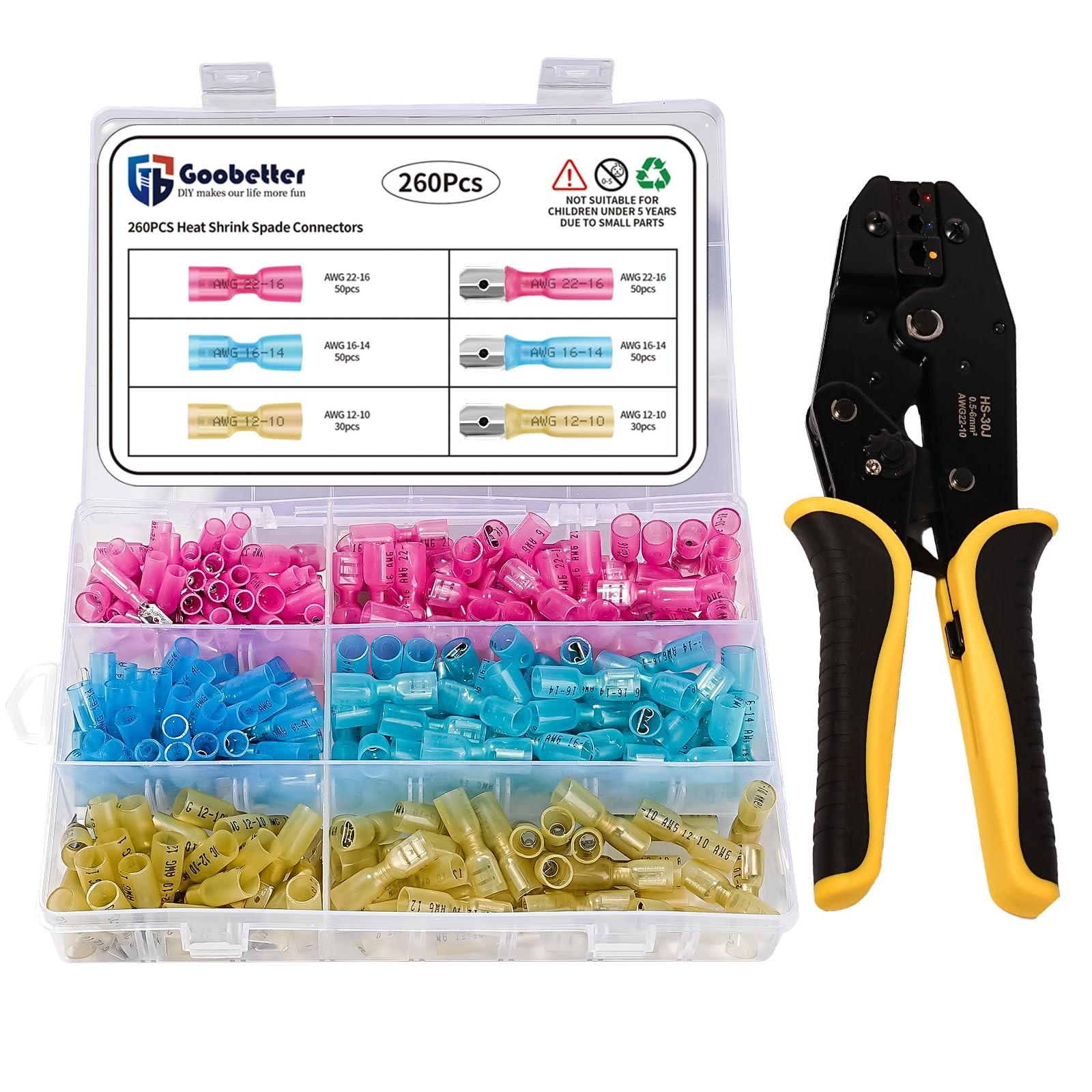 Heat Shrink Spade Connectors with Crimping Tool 10-22 Gauge 260 PCS