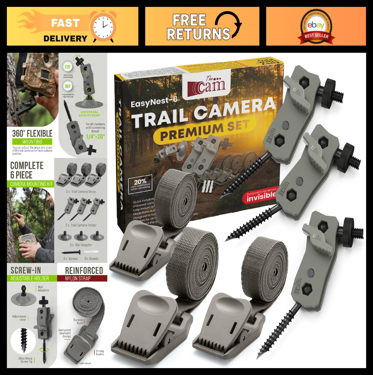 6 Pack Trail Camera Mount Kit - 3 Metal Mounts & 3 Straps, 360° Adjustable for H