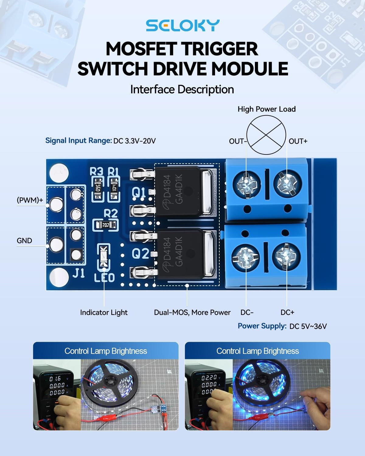 6 PCS Dual MOSFET Trigger Switch Drive Module PWM Controller Board 5V36V 400W