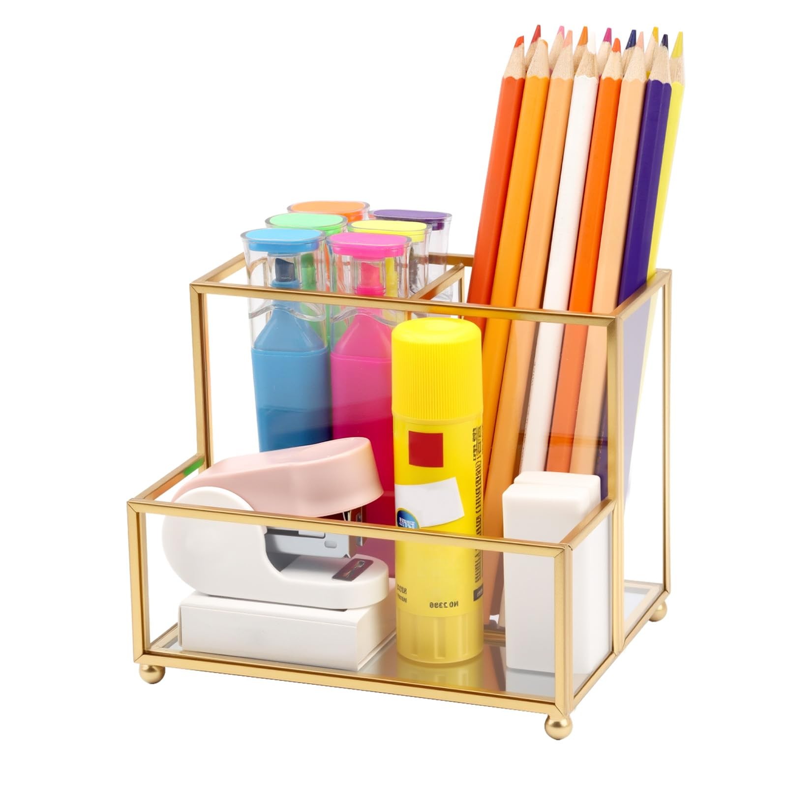 Glass Pen Holder for Desk,Gold Pencil Holder with 3 Compartments,Small Desk O...