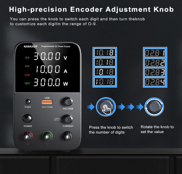 30V 10A Variable DC Bench Power Supply w/ Encoder Knob USB QC