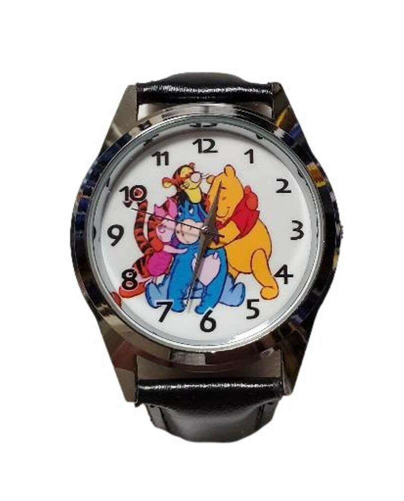 Winnie The Pooh And Friends Themed Black Leather Band Wrist Watch